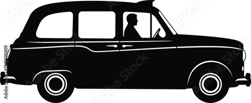 Classic taxi cab silhouette, vintage black car design, urban transportation icon, driver inside vehicle, London style taxi illustration, retro automobile graphic