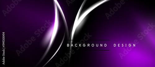 Abstract purple background features flowing silver lines. Minimalist design with text background design centered below curves. Dark shades dominate image.