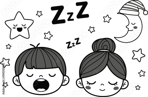 a charming black and white illustration depicts two sleeping faces stars and a moon with a nightcap evoking peaceful dreams