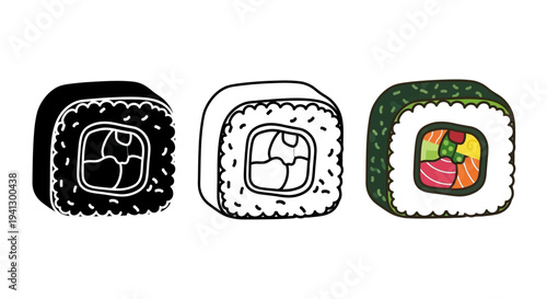 Collection of three stylized sushi roll icons showcasing different artistic rendering styles including solid black silhouette outline drawing and full color illustration suitable for menus