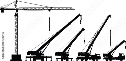 Construction crane silhouettes, heavy lifting equipment, industrial machinery icons, tower crane design, mobile truck cranes, building site tools, engineering illustration graphic