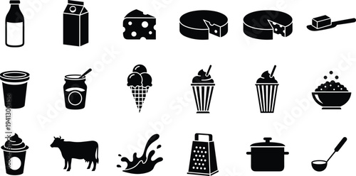 Dairy product silhouettes, milk bottle icon, cheese wedge graphic, butter illustration, yogurt container design, ice cream cone, cow symbol, kitchen tools