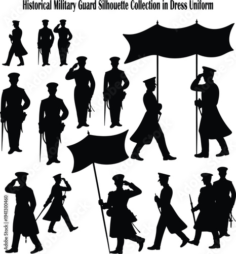 A collection of historical military guard silhouettes in dress uniform carrying flags and saluting