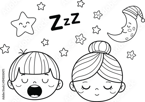 a charming black and white illustration depicts two sleeping children with stars a moon and zzzs creating a peaceful nighttime scene