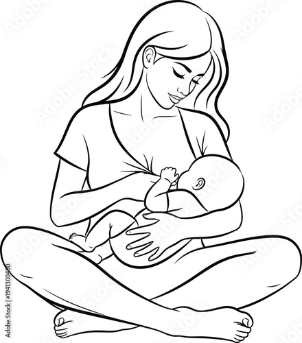 a simple line drawing depicts a mother tenderly cradling and breastfeeding her newborn baby in a peaceful setting high quality professional