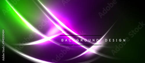 Abstract neon lights create dynamic purple, green glow. Smooth curves intersect dark background. Modern design element.