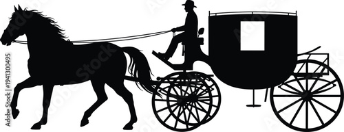 Horse carriage silhouette, vintage transport icon, historic travel design, black outline illustration, cultural heritage symbol, traditional vehicle art, old-fashioned journey graphic