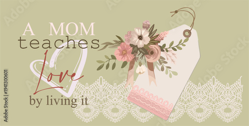 A fully editable Mother's Day poster (card) in pastel colors. A sweet flat-style illustration featuring lace, a bouquet of flowers, a tag, and greeting text.