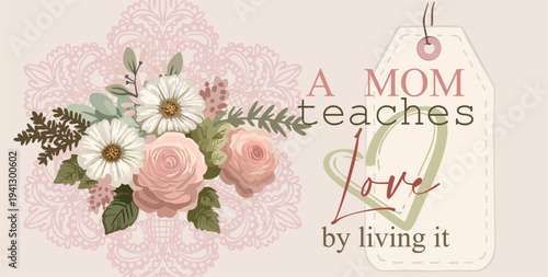 A fully editable Mother's Day poster (card) in pastel colors. A sweet flat-style illustration featuring lace, a bouquet of flowers, a tag, and greeting text.