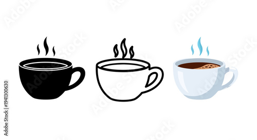 Collection of three distinct coffee cup icons featuring different artistic styles showing steaming hot beverages ready for consumption in morning routines