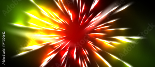 Bright explosion radiates outward. Red, yellow, green hues dominate dark background. Sharp lines suggest intense energy release.