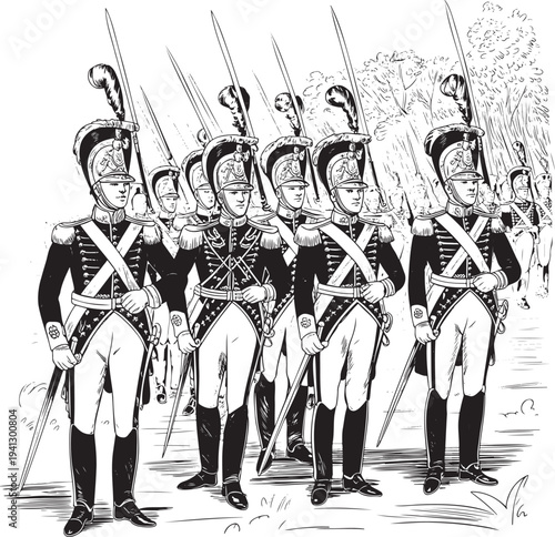 A disciplined line of historical soldiers in full uniform marches forward with spears and rifles