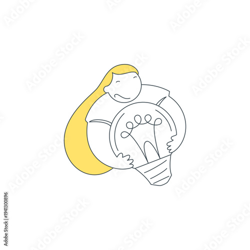 A vector illustration of people nurturing a creative idea. A concept of innovation and inspiration. A woman holding a large lightbulb, a symbol for a new project, startup, or a brilliant solution
