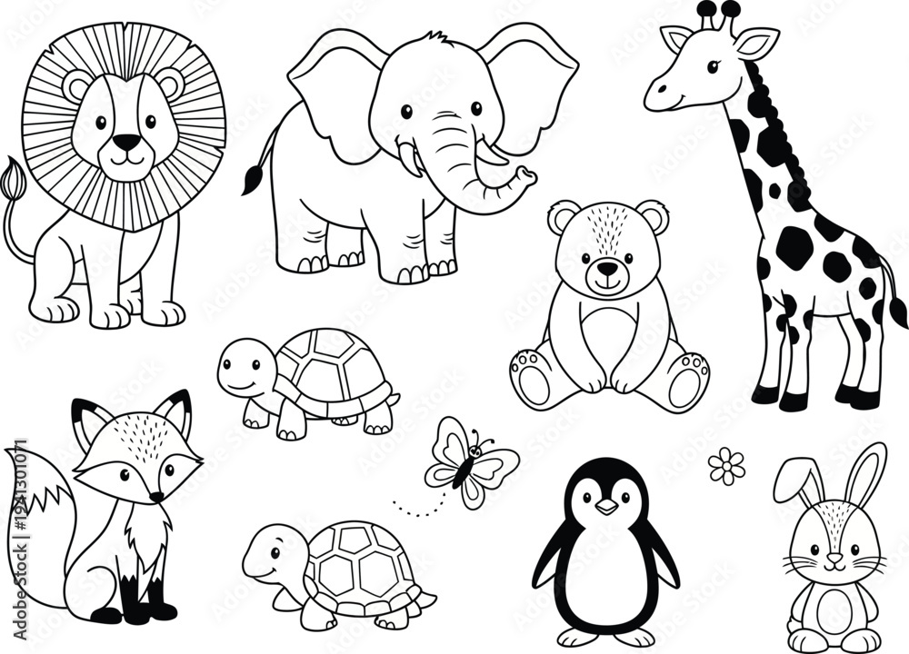 Obraz premium a delightful black and white illustration showcases a collection of charming animal characters including a lion elephant giraffe and fox