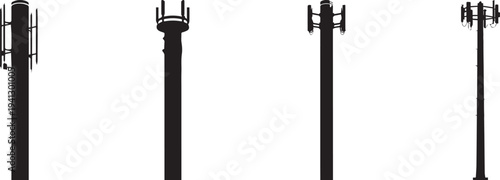 Black cellular communication tower silhouettes set showing modern mobile network antennas and wireless telecommunication transmitters isolated on light background for technology, connectivity and infr