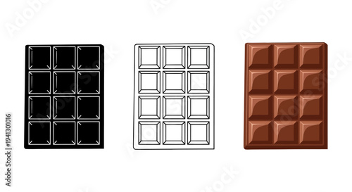 Collection of three distinct chocolate bar designs showcasing solid silhouette outline drawing and rich detailed illustration styles for confectionery graphics