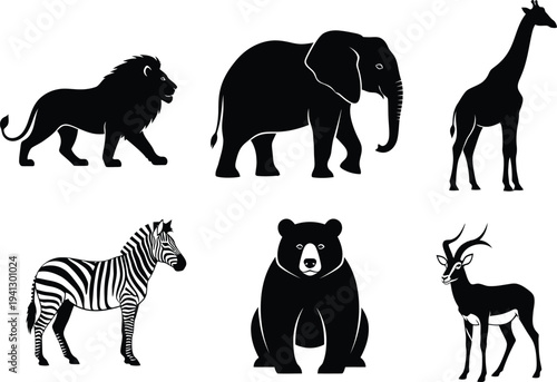 a striking black silhouette illustration depicting six african animals a lion elephant giraffe zebra bear and antelope side by side
