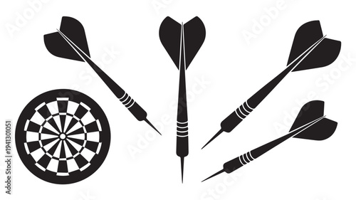 Darts and dartboard in minimalist black silhouette with sharp focus on white background for business strategy