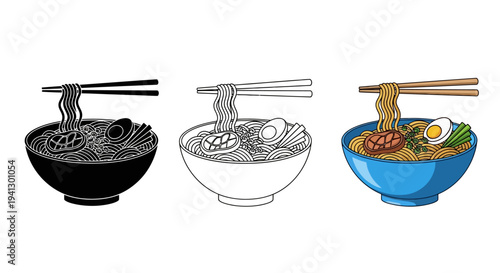 Collection of stylized ramen noodle bowls showcasing silhouette line art and full color illustration variations ready for culinary design projects