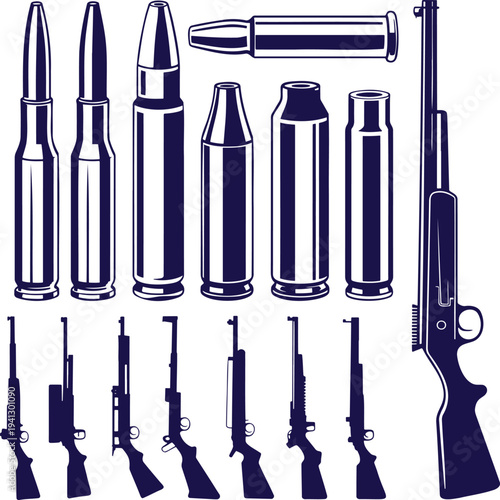 A variety of rifle silhouettes with different bullet types and empty shell casings on white