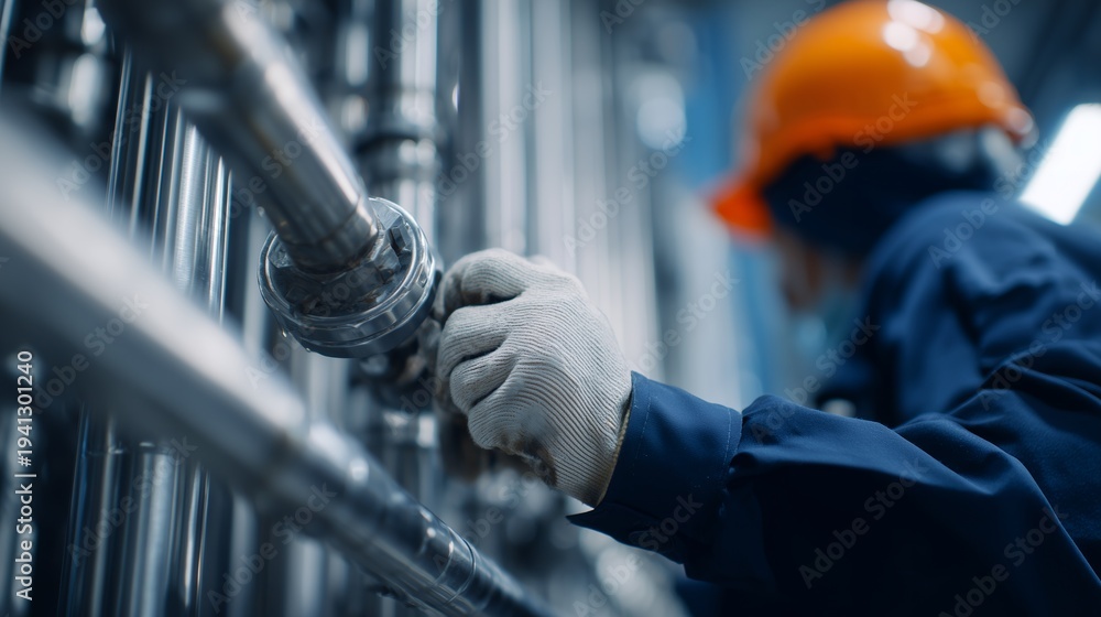 Fototapeta premium close up of mechanical engineer hand in protective glove turning valve on stainless steel industrial pipes, concept for industrial maintenance, factory workflow and plumbing engineering systems