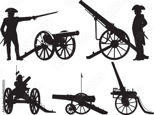 Collection of black silhouettes features historical military soldiers and various artillery cannons