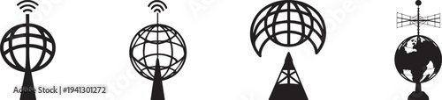 Minimal black wireless communication tower icons set showing radio antennas, global network signals and satellite transmitters, modern telecommunication technology symbols isolated on light background