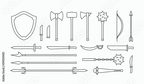 Ancient weapons outline icons set. Collections of medieval weapons, sword, shield, axe, spears simple linear style editable stroke vector illustration