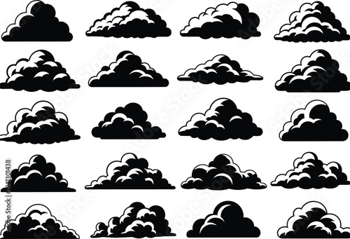 a collection of various black cloud shapes arranged in a grid pattern against a stark white background showing fluffy formations