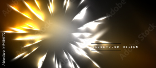 Abstract golden light burst. Radial glow emanating from center. Dark background creates dramatic contrast. Modern design element.