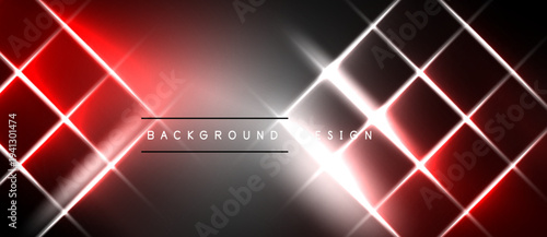 Abstract neon grid. Red, white light lines intersect over dark background. Modern design element for digital projects.