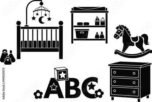 a simple black and white graphic depicting baby items including a crib rocking horse dresser and toys high quality professional detailed