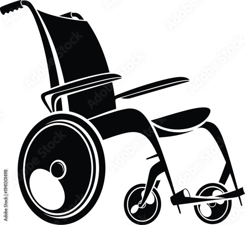 A detailed black and white silhouette depicting a standard manual wheelchair focusing on its design and accessibility features for mobility assistance