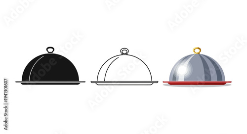 Collection of three distinct serving cloches displaying silhouette line art and detailed metallic styles for luxury food presentation concepts
