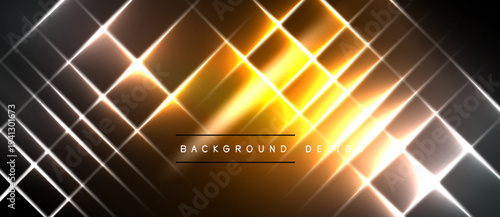 Abstract geometric pattern. Bright lines intersect creating glowing squares, gold hues dominate dark background. Modern design element.