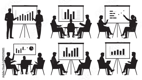 Business meeting silhouettes in minimalist style with black figures on white background for corporate presentation