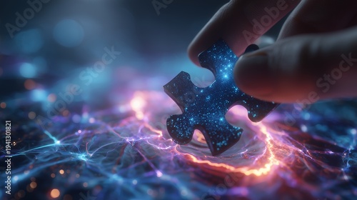 Project manager's hand placing a galaxy textured jigsaw puzzle piece onto a glowing neural network background, concept for strategic problem solving, data connection and cosmic insight