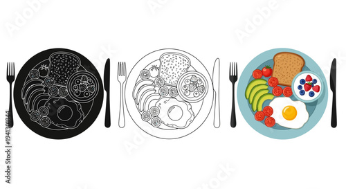 Collection of three different visual styles illustrating a healthy balanced breakfast plate featuring fried egg toast avocado and berries offering design versatility for any food graphic need