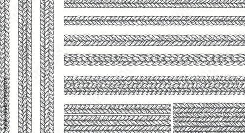 Hand-drawn knitted borders and frames, texture, seamless pattern, vector illustration