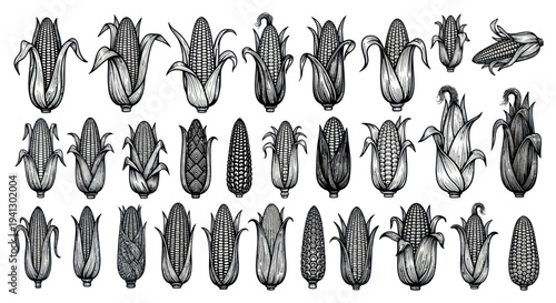 Hand-drawn Corn Collection: Variety of Maize Cobs in Sketch Style