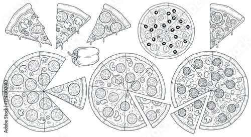 Hand-drawn pizza slices and whole pizzas, ingredients sketch