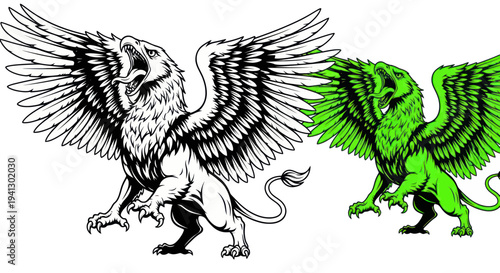 Mythical Griffin Creature Illustration - Black and White vs Green