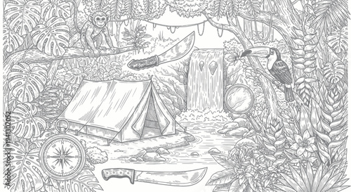 Jungle Adventure Scene with Tent, Monkey, Toucan, Waterfall, and Machetes
