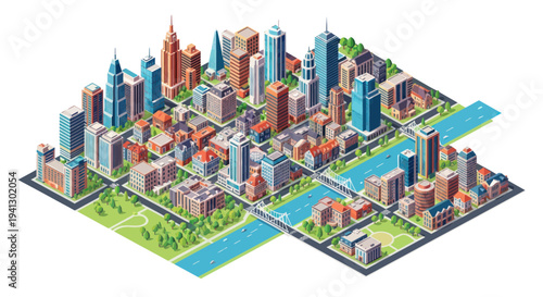Isometric Cityscape with Skyscrapers, River, and Green Spaces