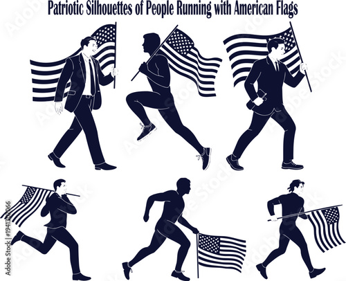 Patriotic silhouettes of diverse people running and walking proudly holding American flags on white
