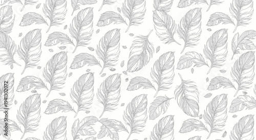Seamless Feather Pattern - Delicate Line Art Design on White Background
