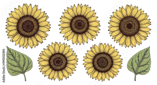 Sunflower Elements: Yellow Blooms and Green Leaves, Hand-Drawn Style