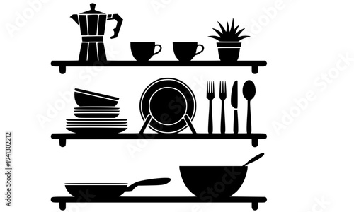A black silhouette illustration of elegant kitchen shelves with coffee maker, plates, cups, cutlery, potted plant, and frying pan, isolated on white background, perfect for kitchen, cooking, and home 