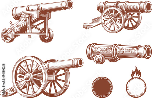Set of old military cannons and historical artillery weapons in a vintage brown etching style