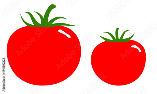  A fresh and vibrant set of two red tomato illustrations in large and small sizes with green stems, isolated on white background, perfect for food, vegetable, and healthy nutrition design concepts